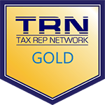 TRN Tax Network Gold logo in blue and gold shield badge