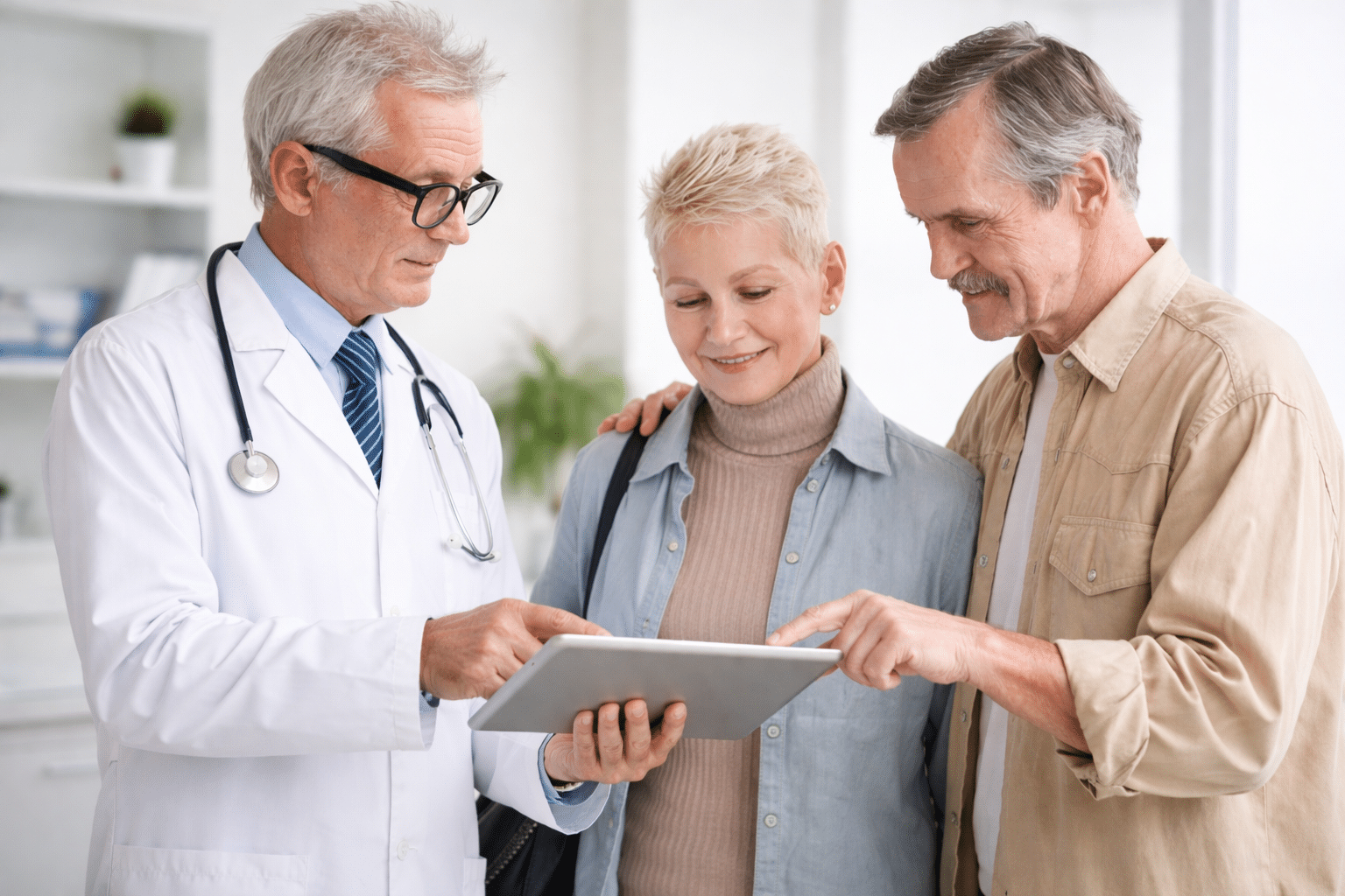 Doctor showing medical chart to two patients in a bright clinic