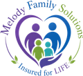 Melody Family Solutions logo with family figures in a heart and “Insured for LIFE” text