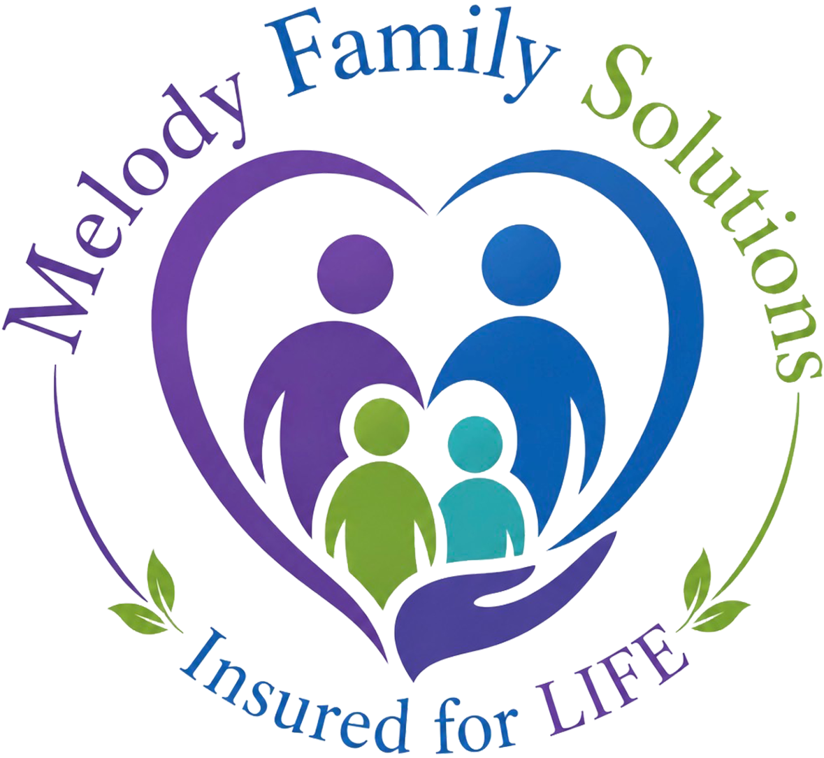 Melody Family Solutions logo with four stylized figures inside a heart and “Insured for LIFE” text
