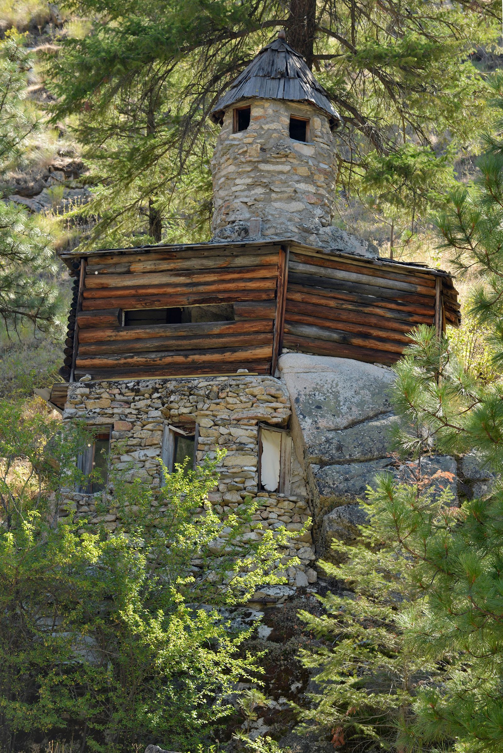 Stone and timber tower at Buckskin Bill's riverside homestead