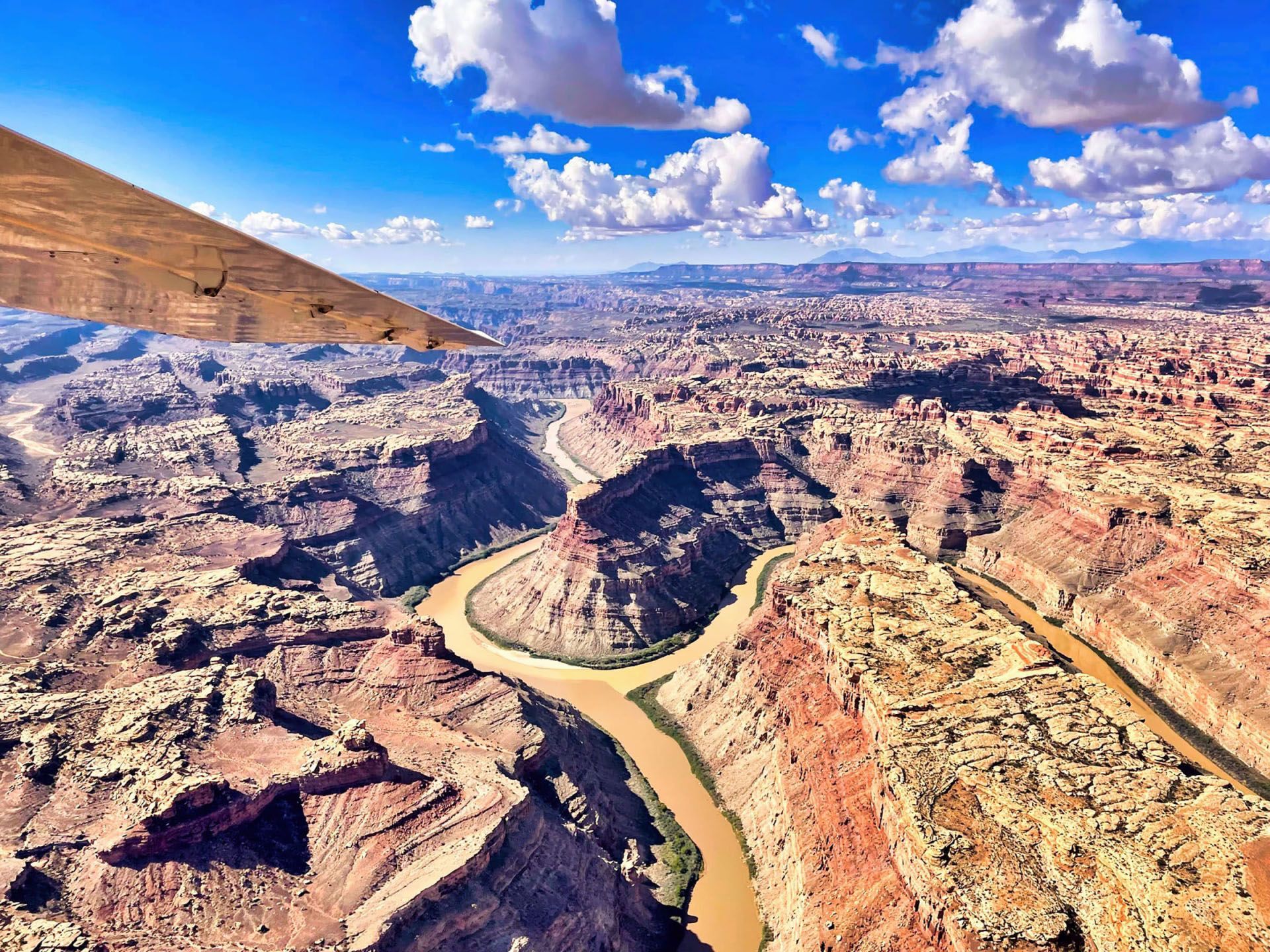Aerial view of the Green and Colorado River confluence in Canyonlands