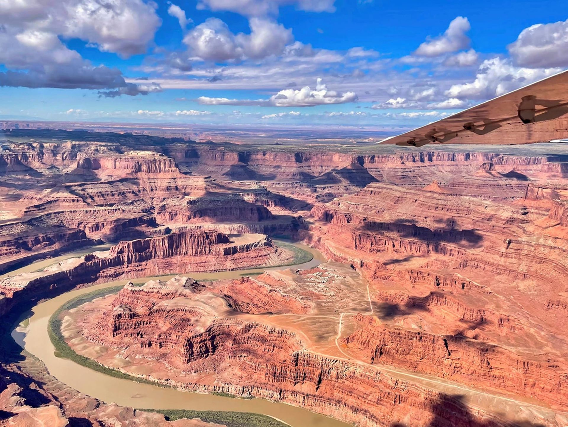 Aerial view of the Colorado River winding through Canyonlands