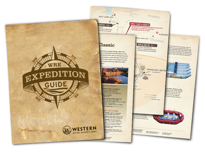 Vintage beige expedition guide booklet with compass emblem and stacked pages