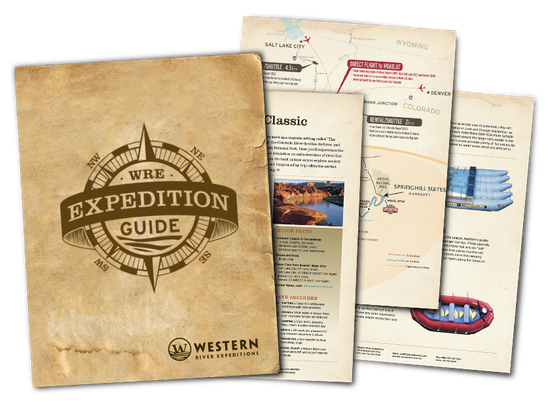 Vintage beige expedition guide booklet with compass emblem and stacked pages