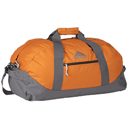 Orange duffel bag with gray handles and shoulder strap