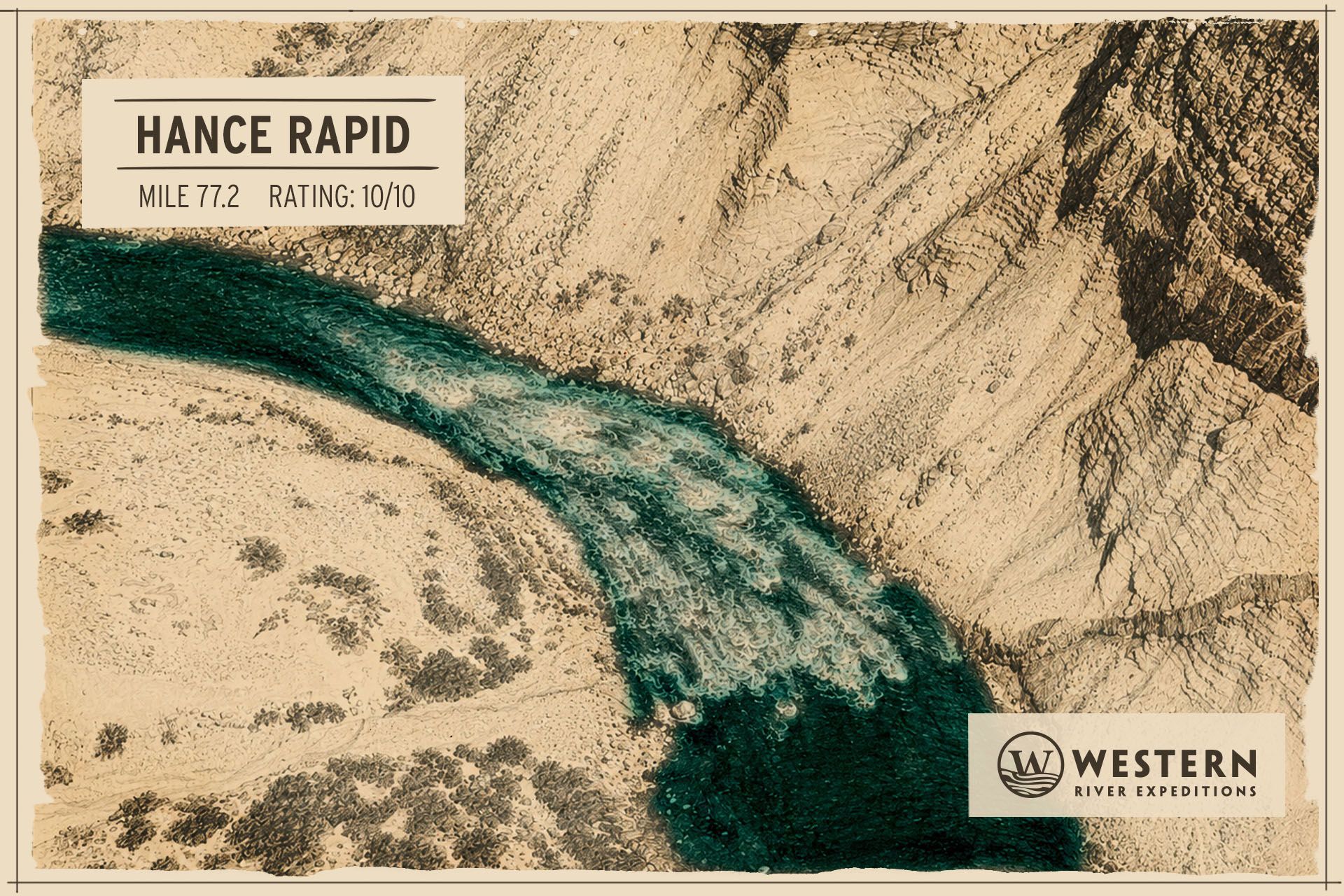 Map showing Hance Rapid on the Colorado River in Grand Canyon