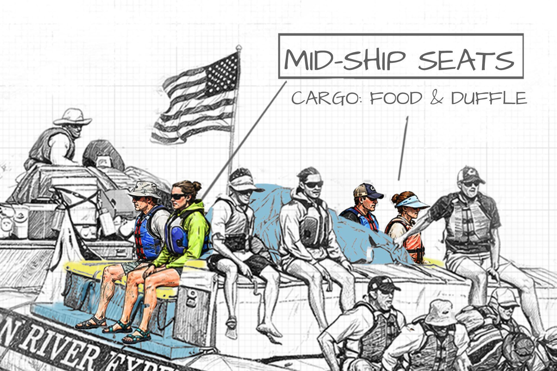 J-Rig seating diagram highlighting the midship seats