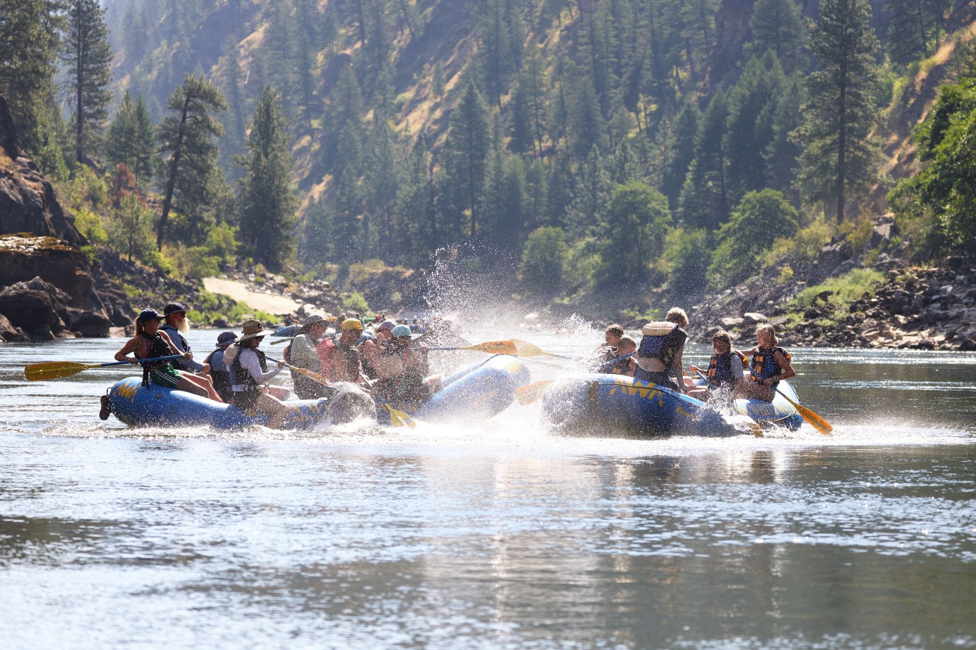 Rafters splash one another with their paddles on calm water