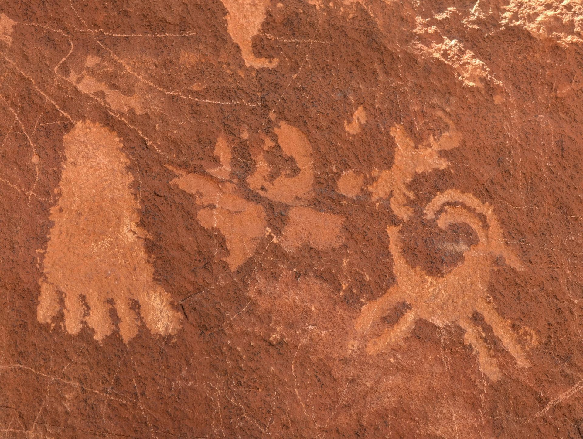 Petroglyphs carved into a red sandstone panel