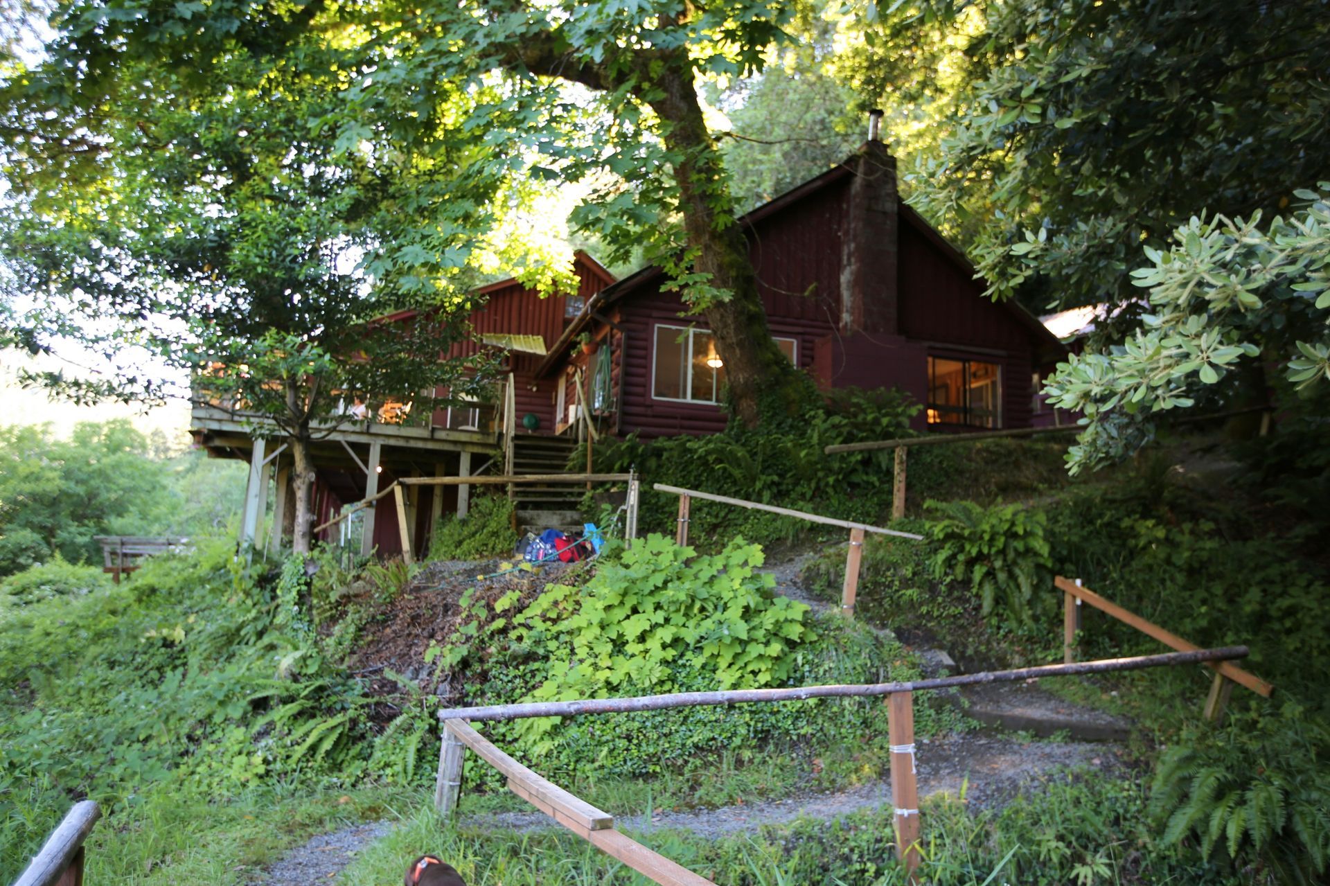 Marial Lodge surrounded by trees, with wooden steps leading to its deck
