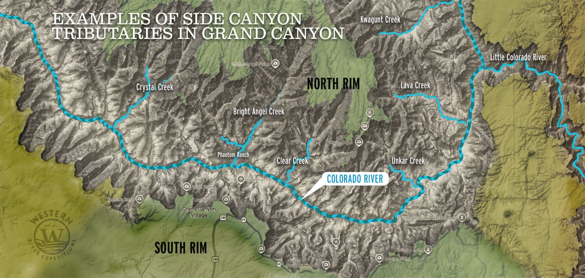 Map identifying side canyons within Grand Canyon