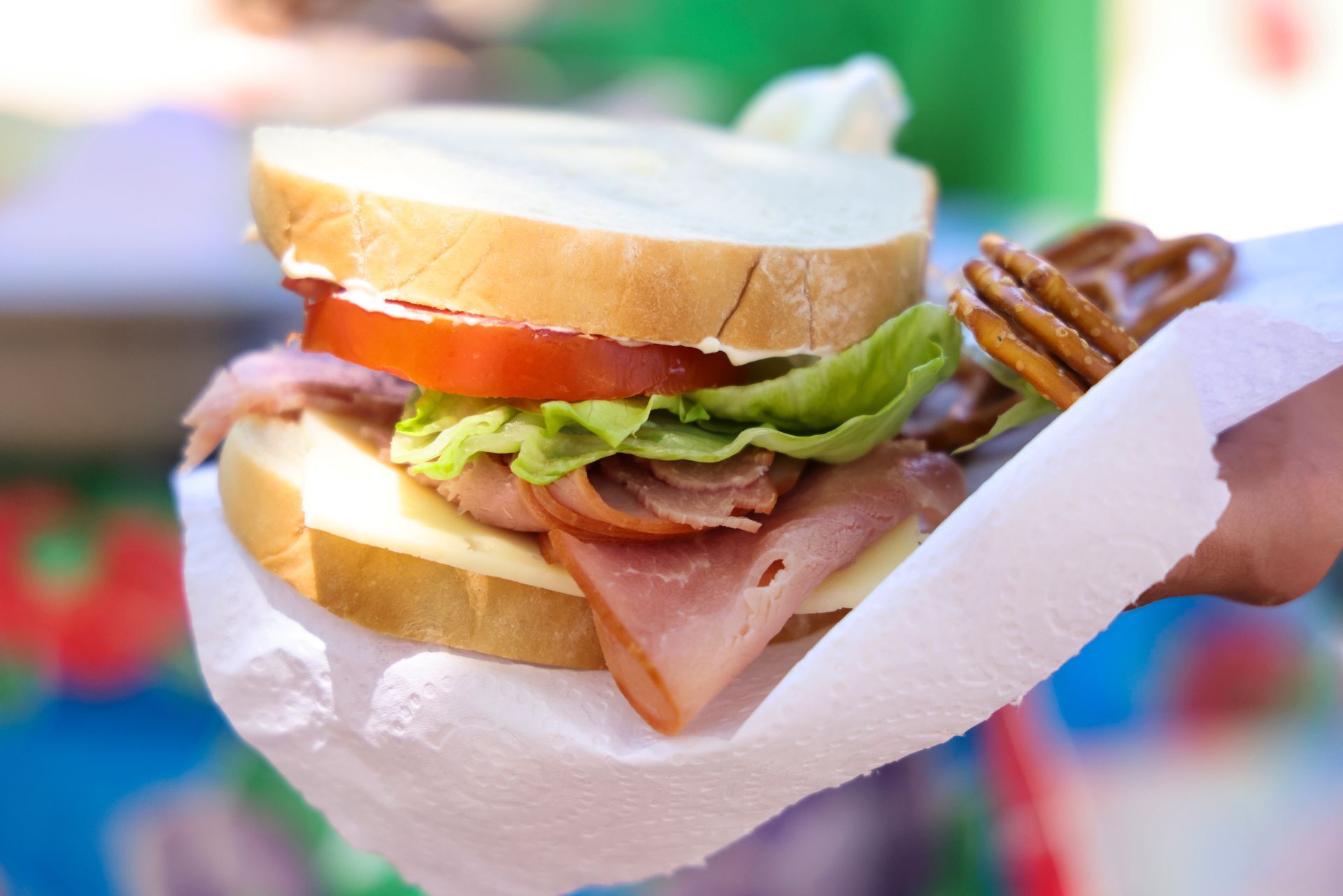 A river guest holds a sandwich with pretzels on the side