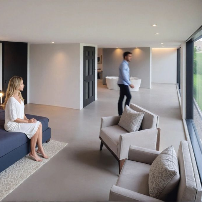 A person in a white robe sits on a bed, while another person walks through a modern, spacious room with lounge chairs.