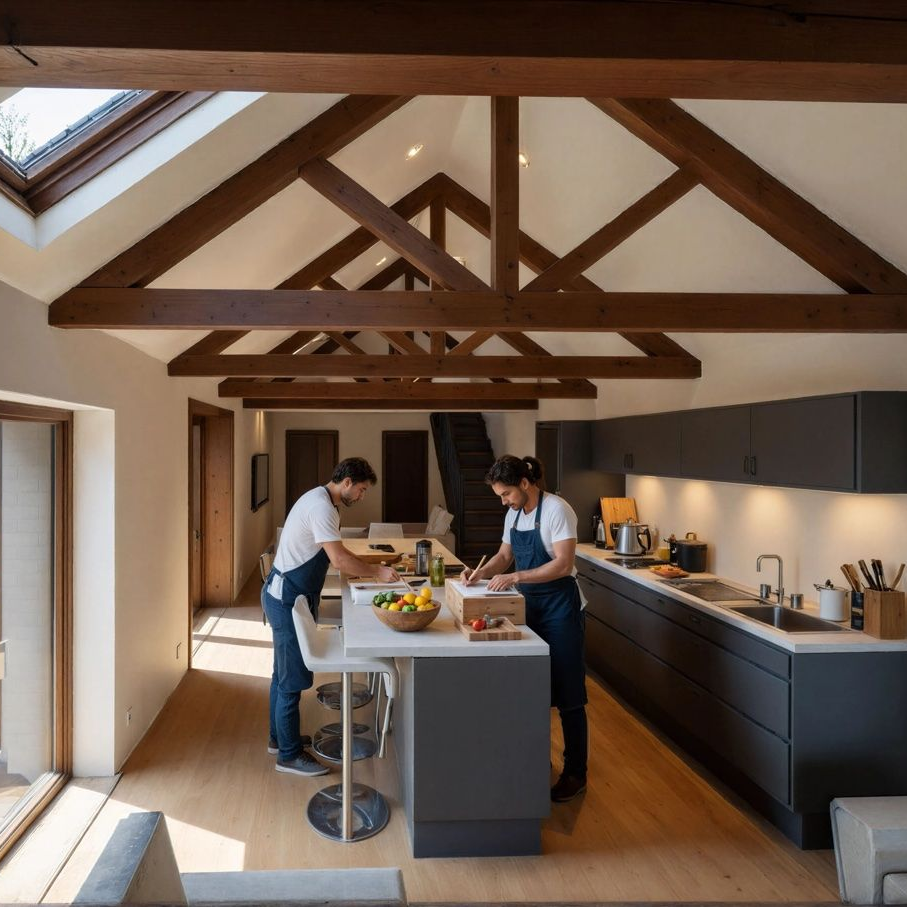 Two chefs work at a kitchen island in a vaulted-ceiling room with dark gray cabinets and exposed wooden rafters.