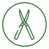A pair of hedge shears in a green circle on a white background.