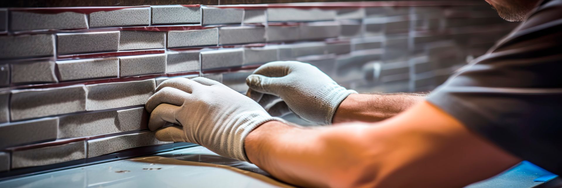 A man wearing gloves is working on a tile wall.