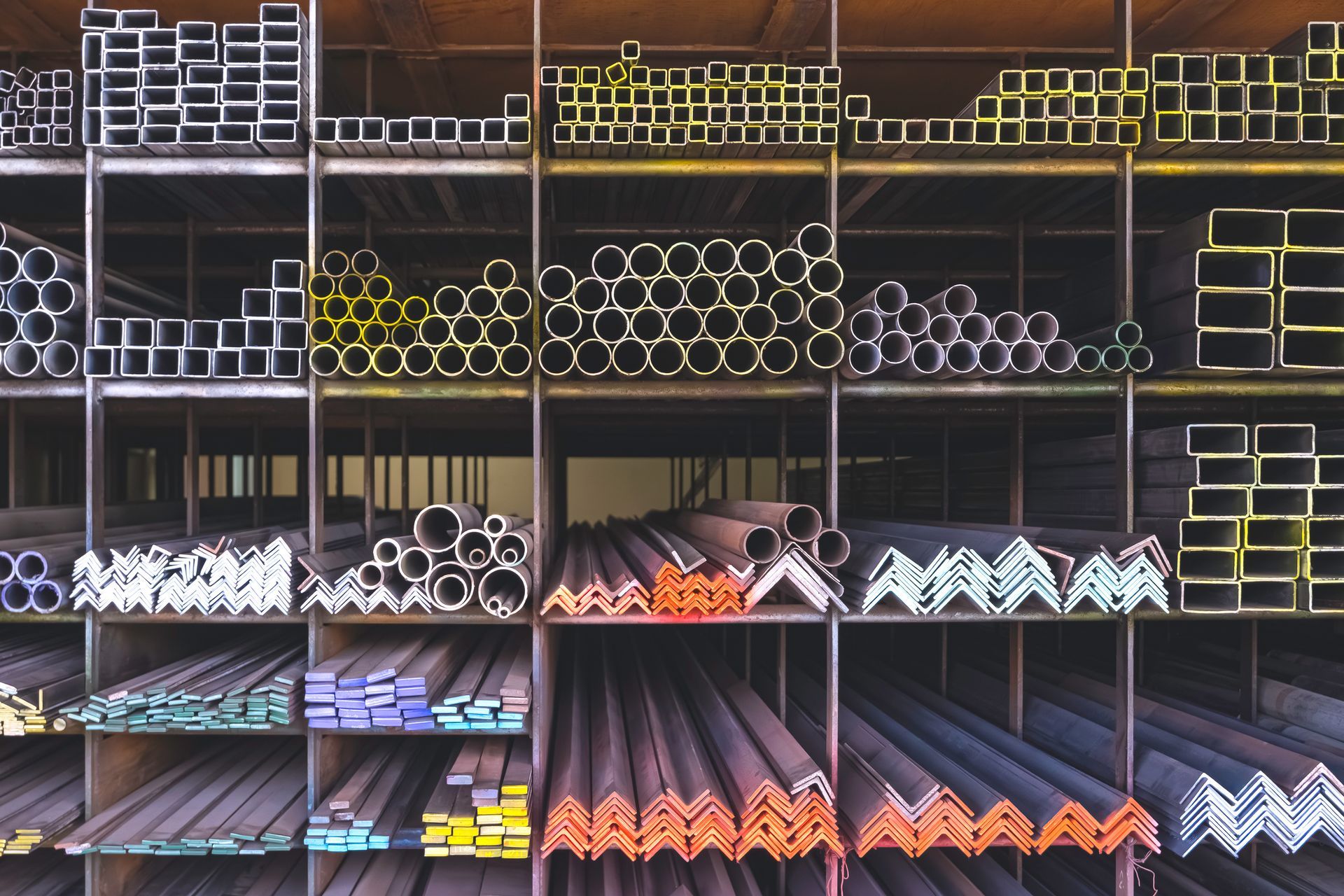 A warehouse filled with many different types of metal pipes