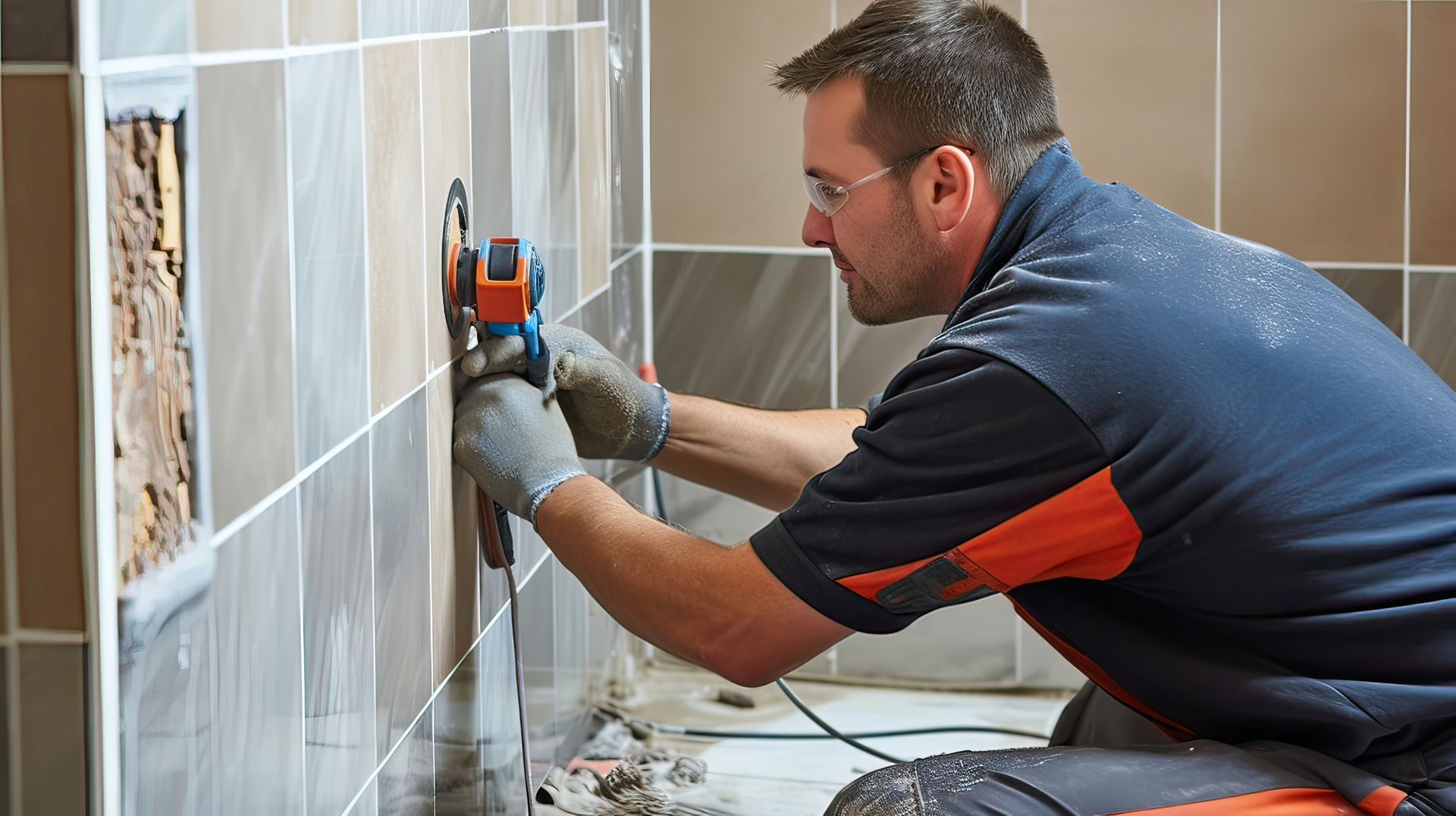 A man is working on a wall with a drill.
