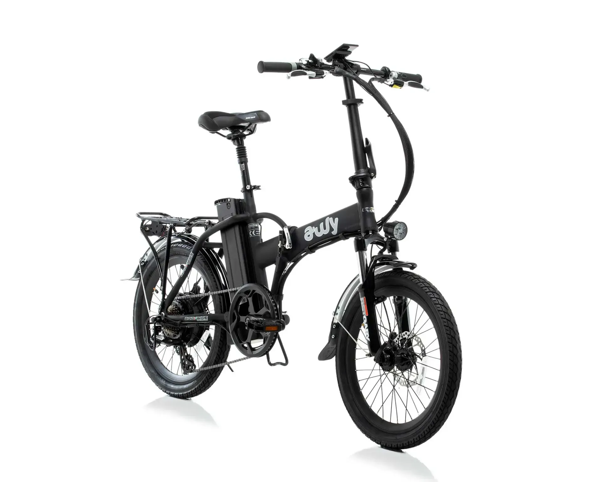 Bicicletta elettrica pieghevole nera con portapacchi posteriore.