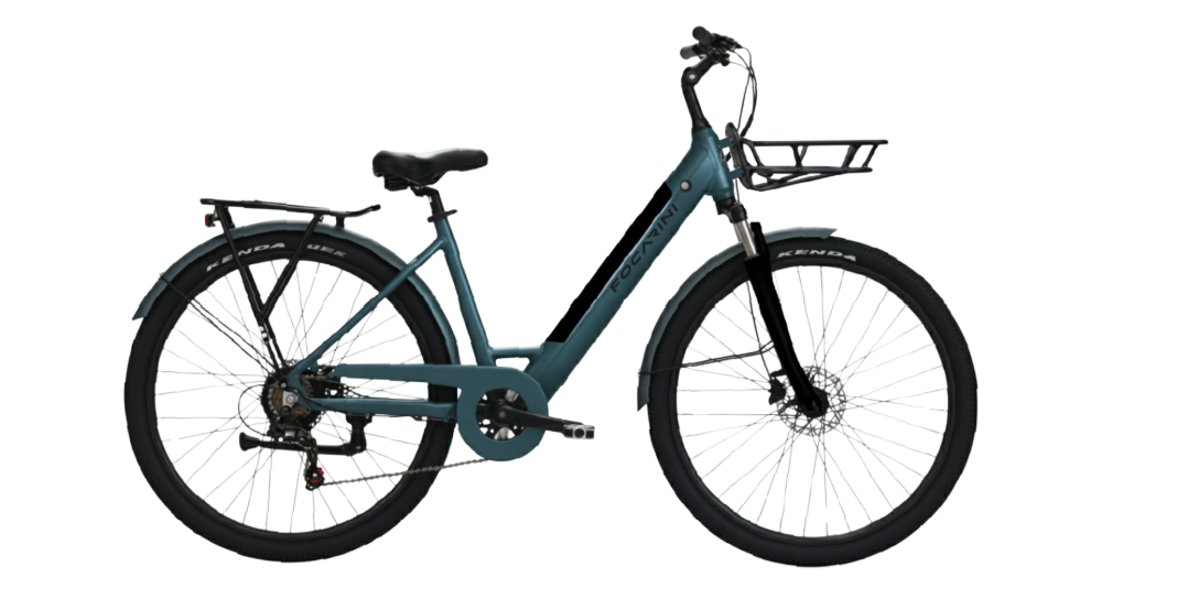 Bicicletta elettrica grigia con parafanghi e portapacchi.