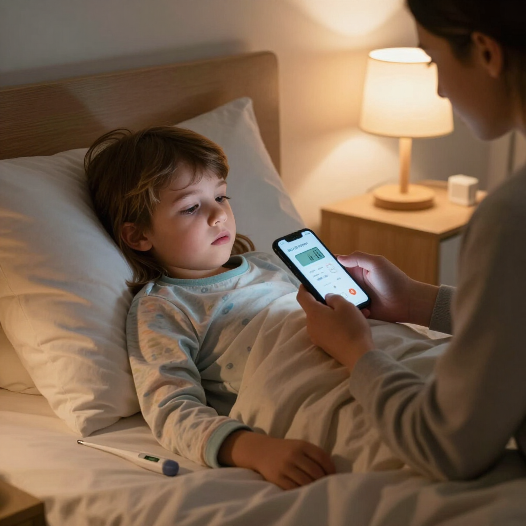 A person leans over to kiss a small child’s hand while the child lies in bed with a thermometer in their mouth.