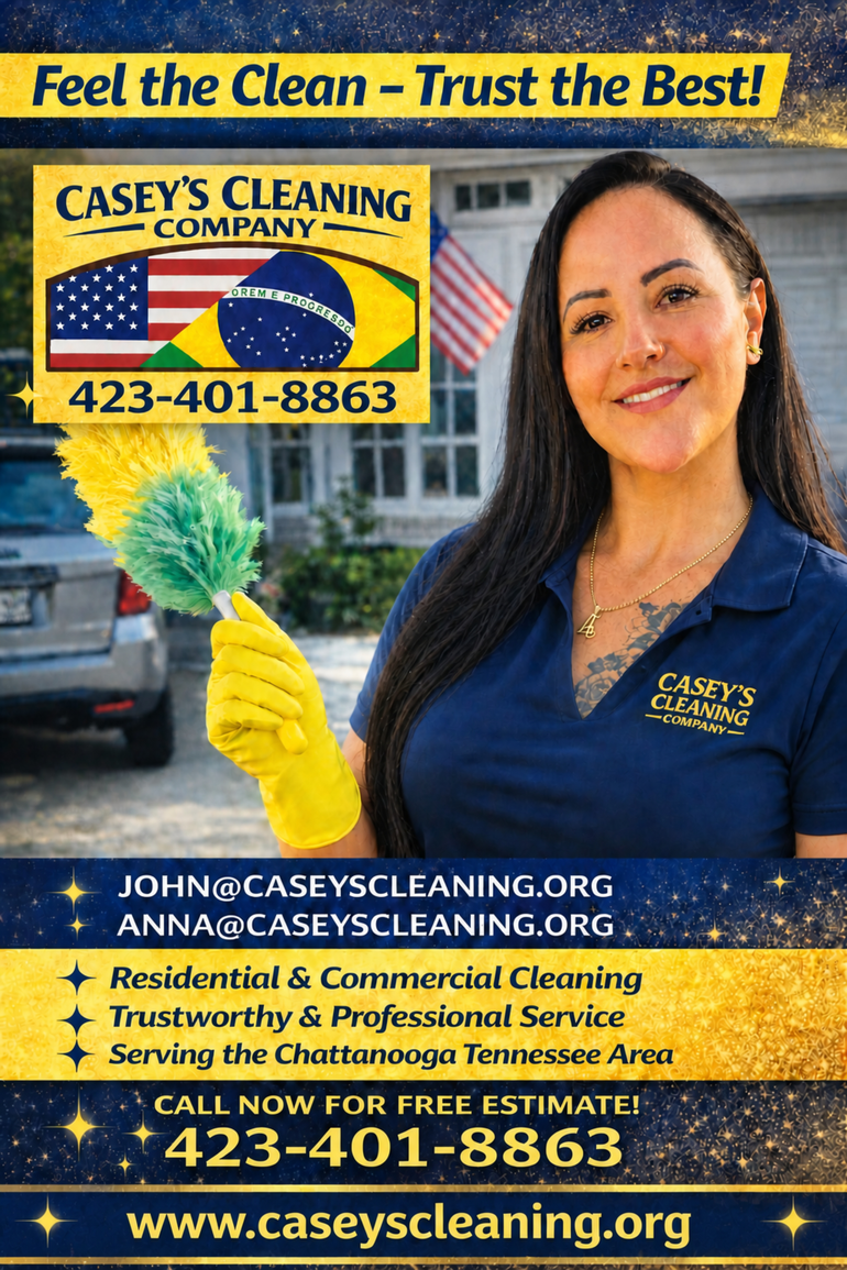 Smiling cleaner in blue apron with yellow gloves holding a bucket of cleaning supplies in a home interior.