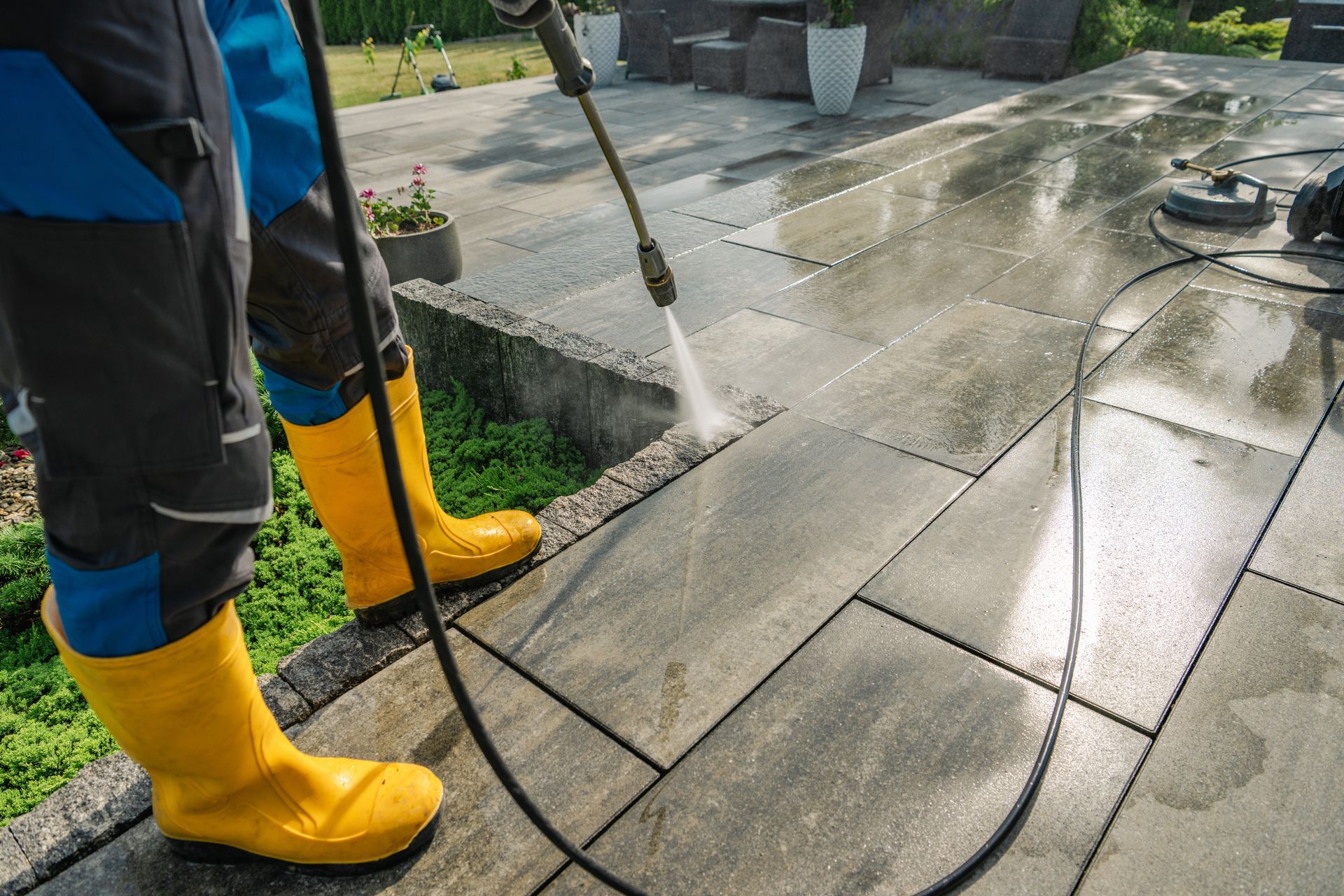 Person pressure-washing a wet patio with a hose, wearing yellow boots and blue pants. Person pressure-washing a wet patio with a hose, wearing yellow boots and blue pants.