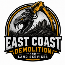 East Coast Demolition and Land Clearing logo with excavators, bulldozer, and dirt pile in warm sunset colors