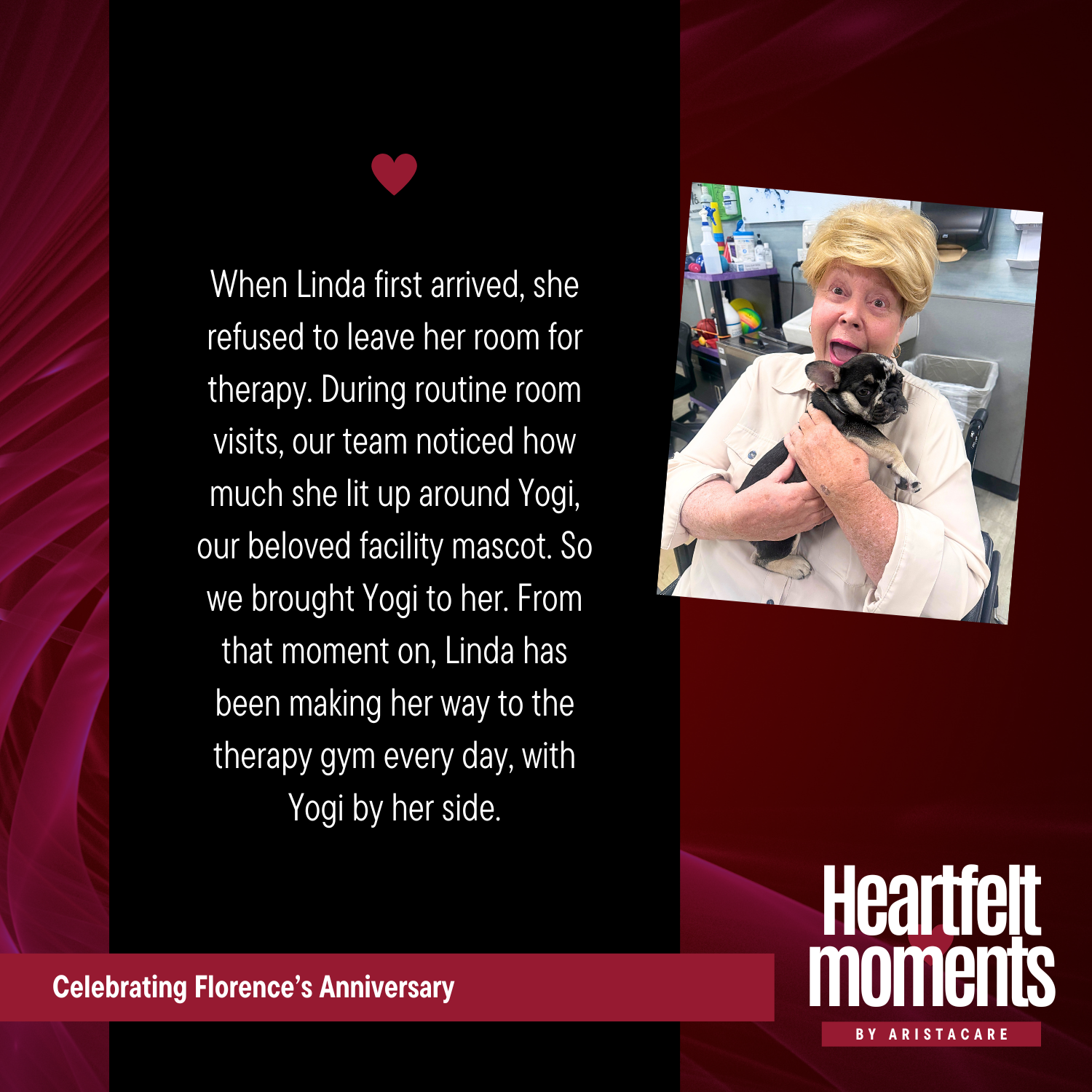 Heartfelt memorial card with text, a smiling woman holding a dog, and a small red heart on a dark background