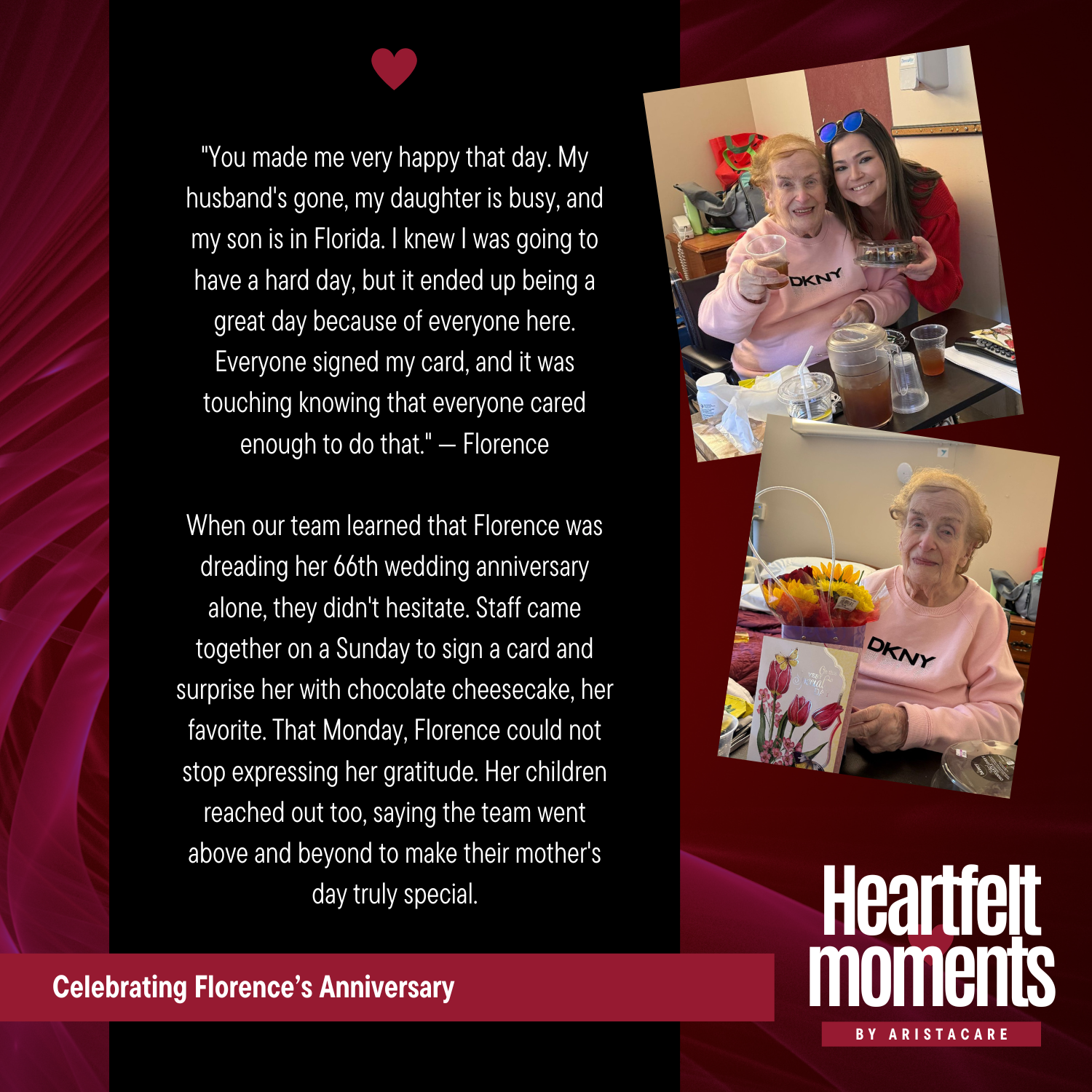 Heartfelt Moments anniversary collage with three photos, pink accents, and tribute text on a dark background