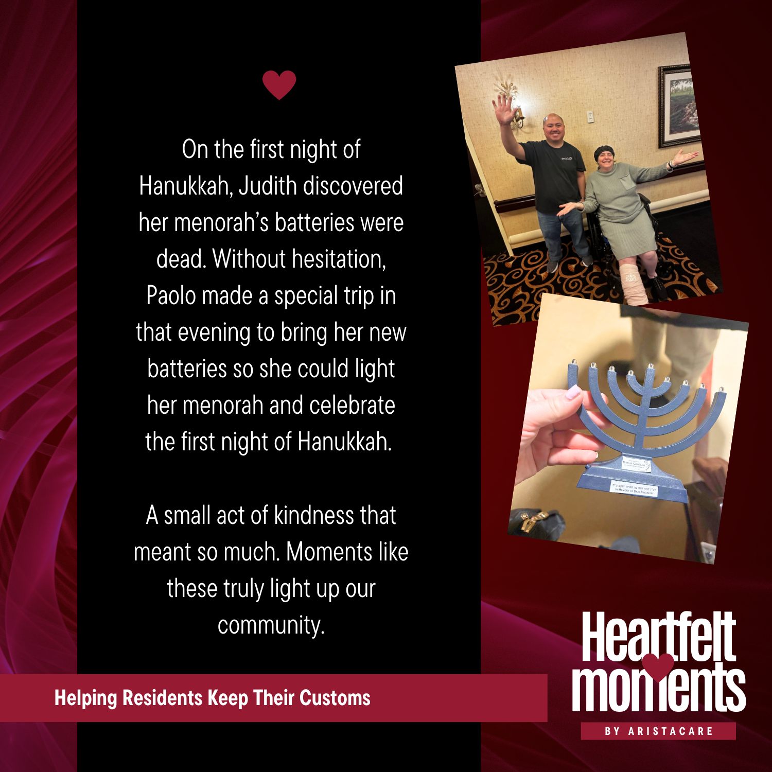 Collage of Hanukkah celebration, smiling people, lit menorah, and heartfelt message on a dark background