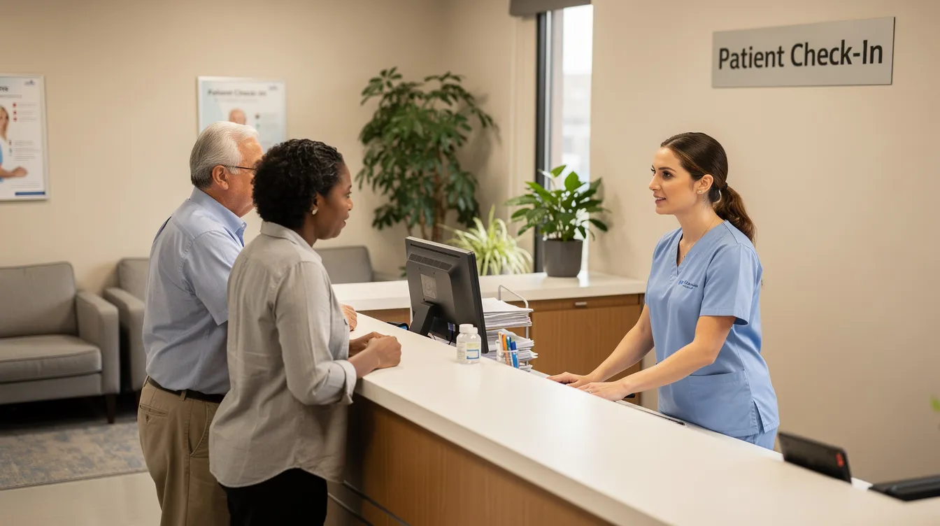 A family is engaged in conversation with a registered nurse at a reception desk in a clean and welcoming skilled nursing facility. The scene reflects a caring environment where family members seek information and support regarding their loved one's nursing care and rehabilitation services.