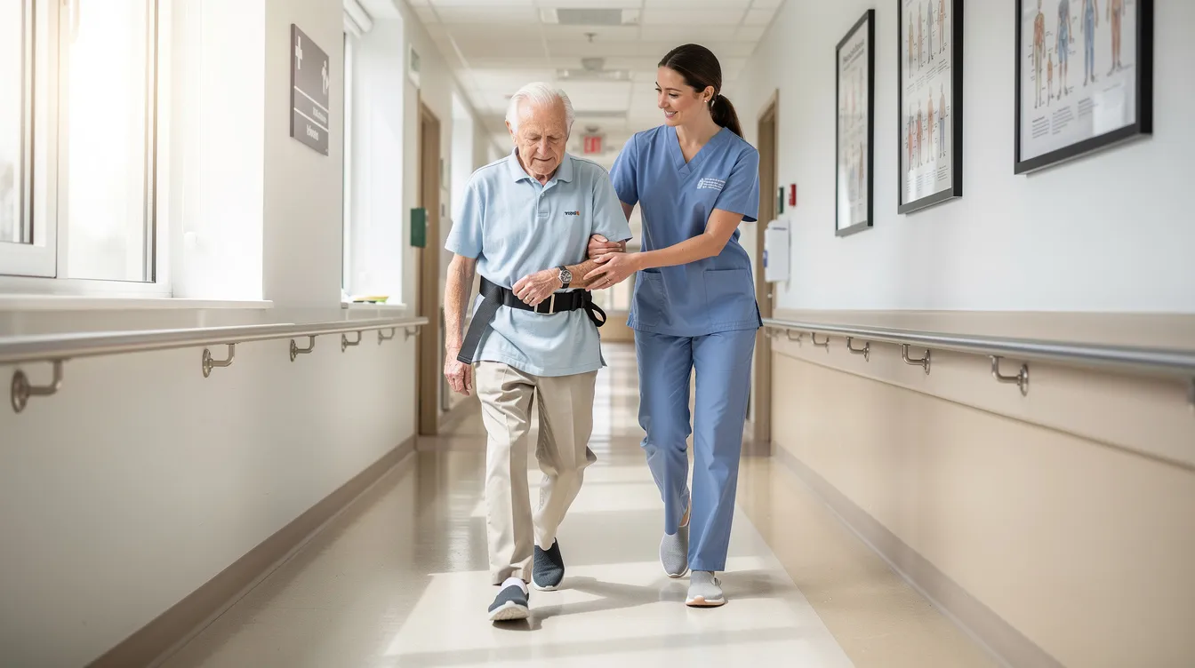 Caregiver assisting an elderly man walking down a bright hospital hallway with a walker
