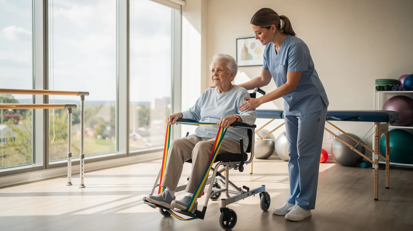 Caregiver helping a seated patient in a bright rehab room, adjusting foot supports on a wheelchair