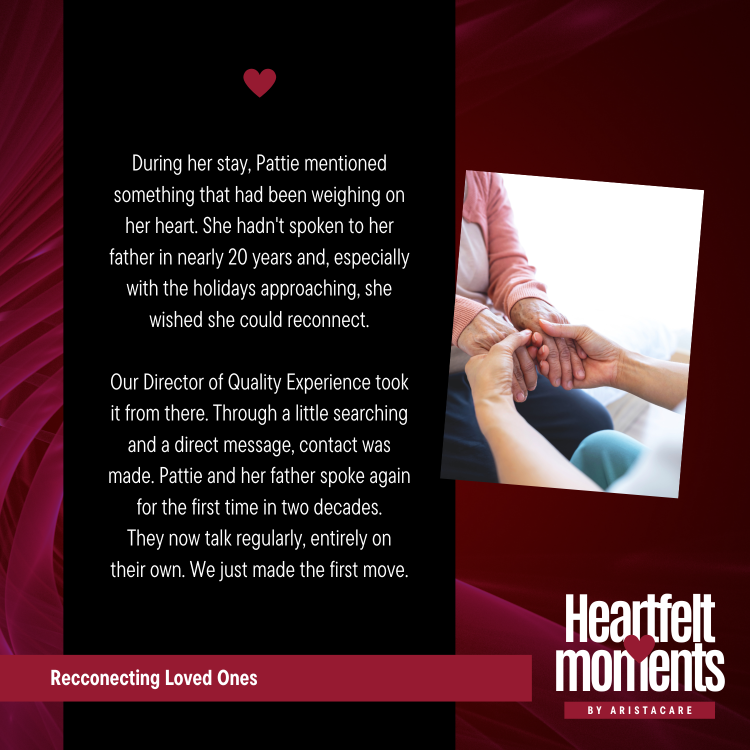 Heartfelt moments poster with red and black background, heart icon, and a photo of hands held bedside