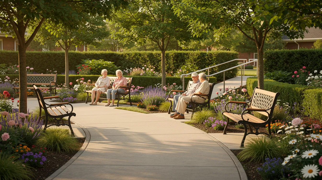 The image depicts a serene garden pathway within a skilled nursing facility, lined with benches, vibrant flowers, and lush trees, providing a peaceful environment for older adults and their family members to enjoy. This nurturing setting promotes healing and recovery, making it an ideal space for residents to engage in daily activities and connect with nature.