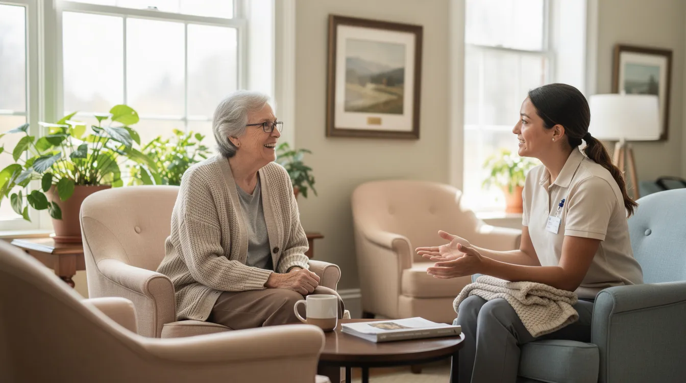 The image depicts a warm and inviting common area in a senior living community, featuring comfortable chairs bathed in natural light, where an elderly resident engages in conversation with a caregiver. This setting highlights the supportive services offered in assisted living facilities, promoting social interaction and well-being among older adults.