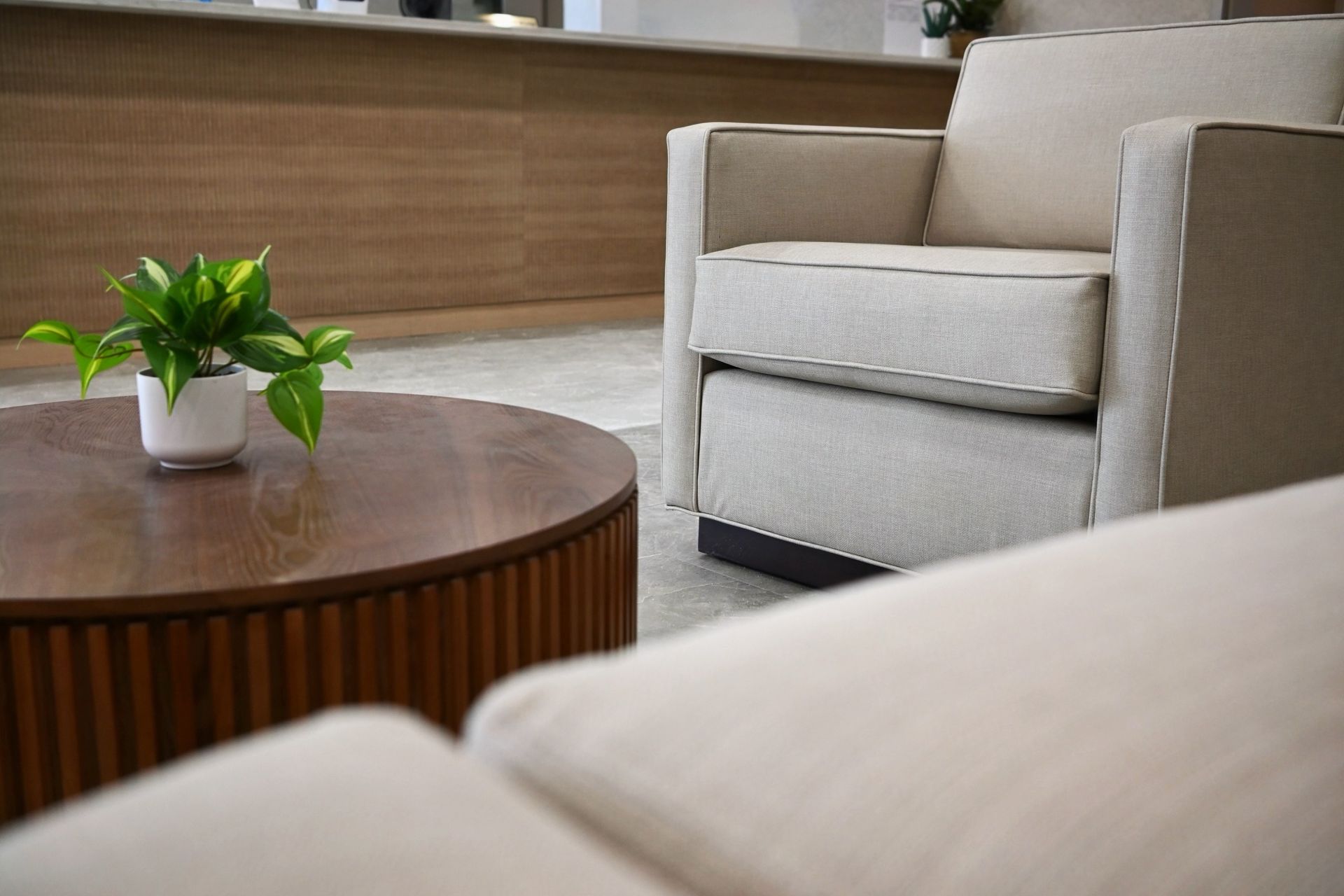 Modern living room with beige armchairs and a round wooden coffee table holding a small green plant.