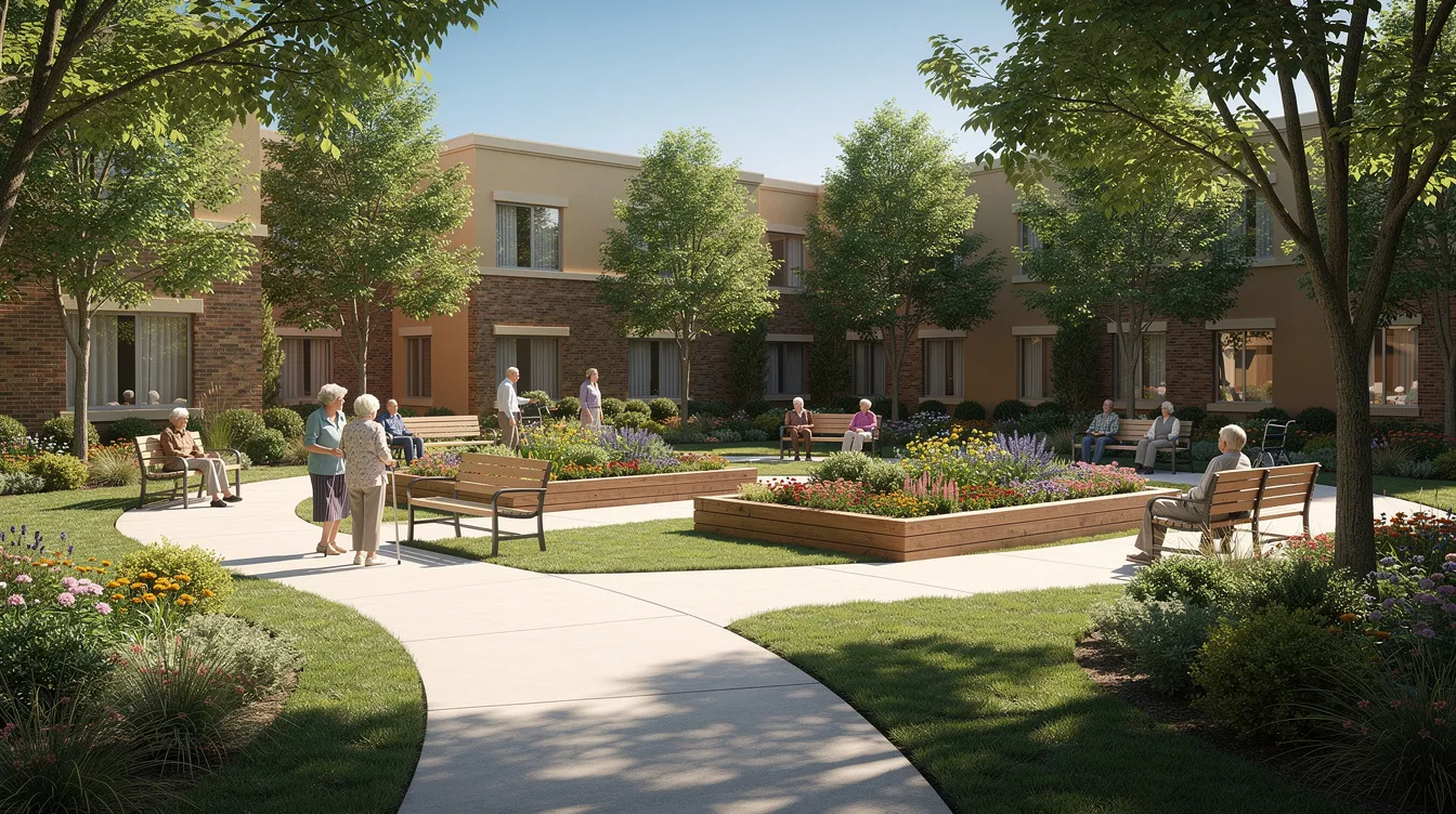The image depicts a serene garden courtyard at an assisted living facility, featuring meandering walking paths surrounded by lush greenery and blooming flowers, providing a peaceful environment for residents and their family members. This space is designed to enhance the quality of life for those in skilled nursing facilities in New Jersey, promoting daily living activities and social interaction.