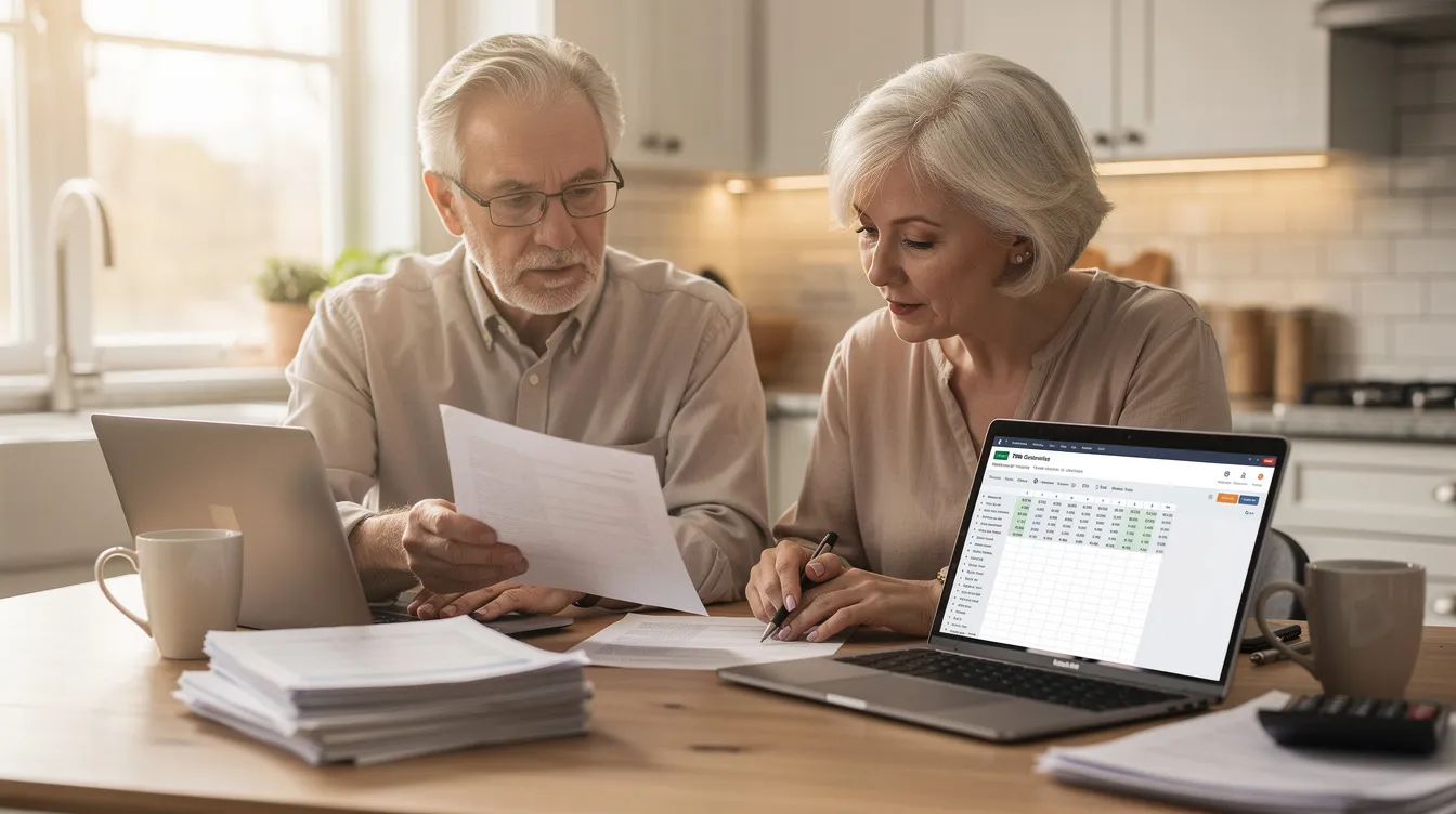 An elderly couple sits at a kitchen table, carefully reviewing financial documents related to their options for skilled nursing care in New Jersey. They appear focused and engaged, discussing important aspects of Medicaid eligibility and the costs associated with assisted living facilities and nursing homes.