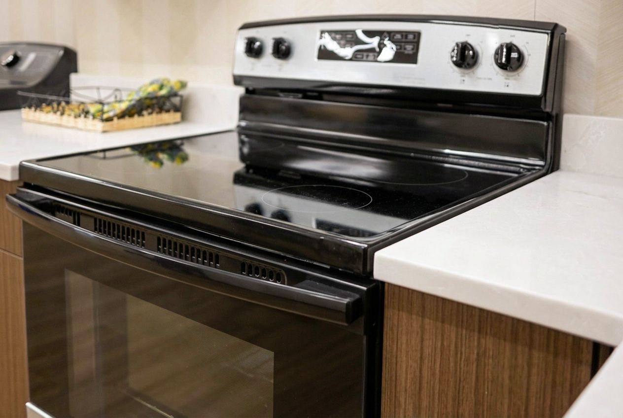 Black electric stove with oven in a kitchen, beside a white countertop and wood cabinets