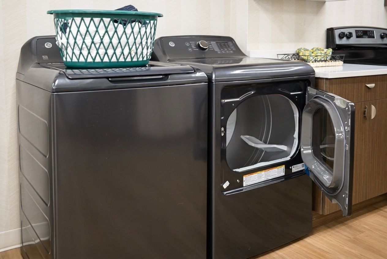 Laundry room with a black washer and dryer, dryer door open, and a basket on the washer.