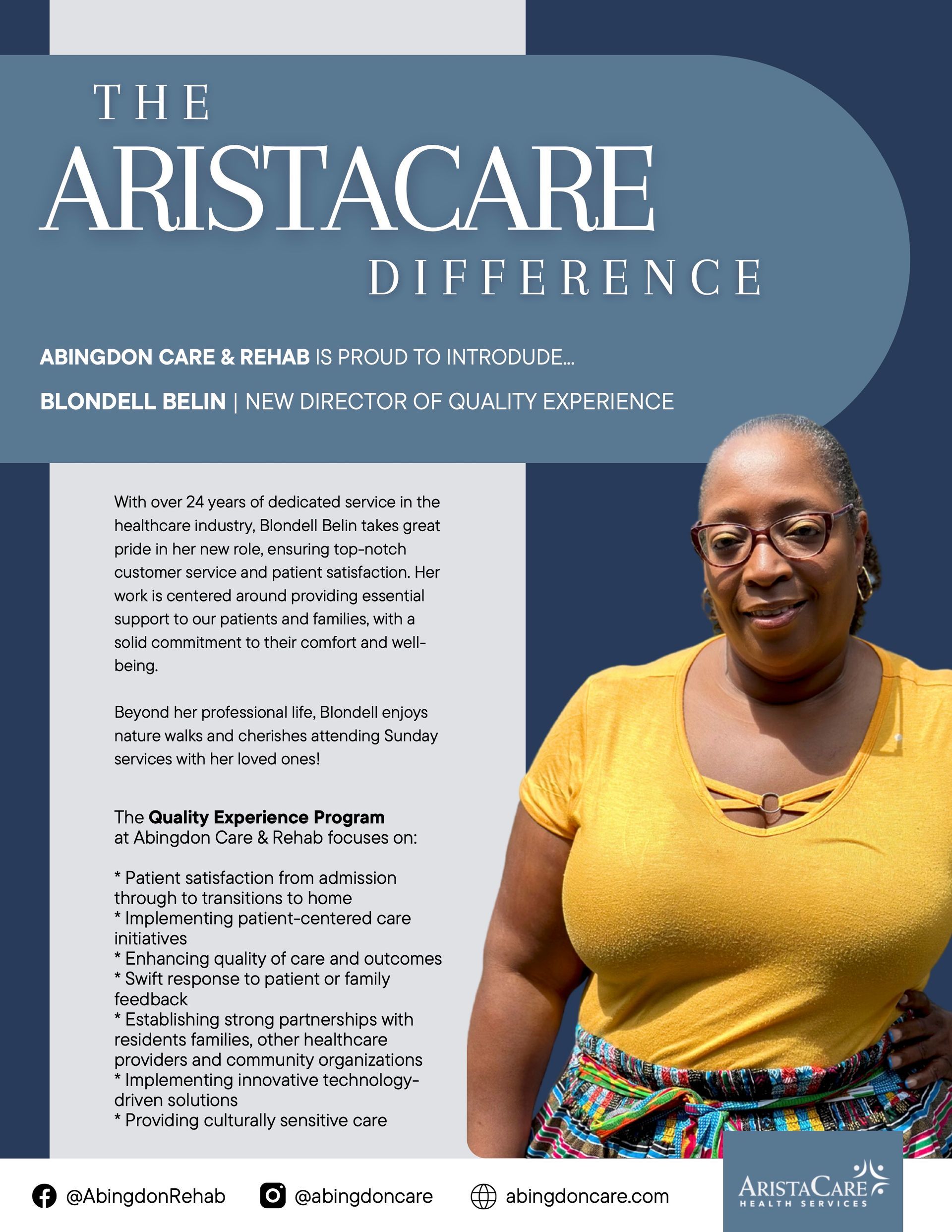 Flyer for The Aristacare Difference, featuring a woman in a yellow top on a blue background.