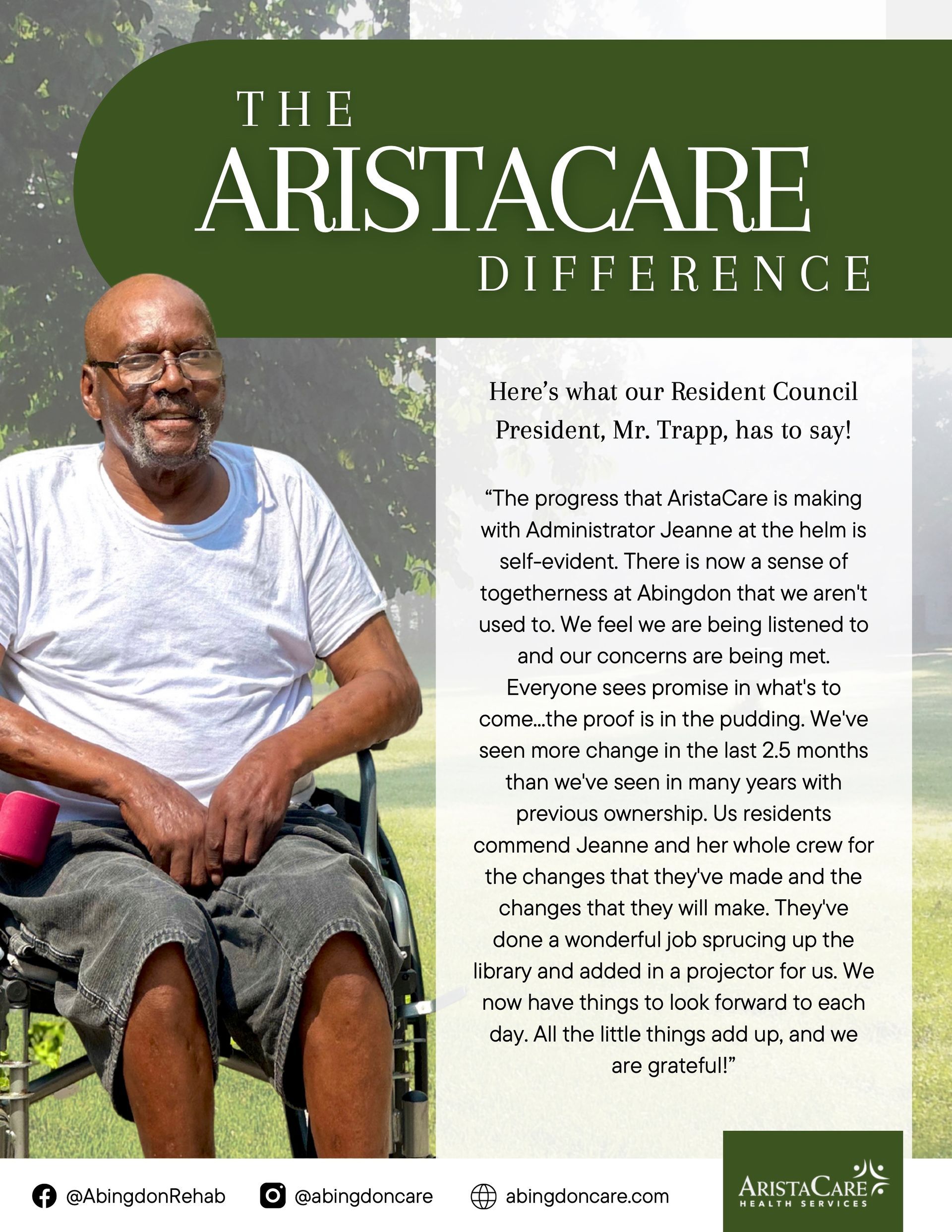 Man in white shirt and shorts seated outdoors beside a green Aristacare brochure text panel