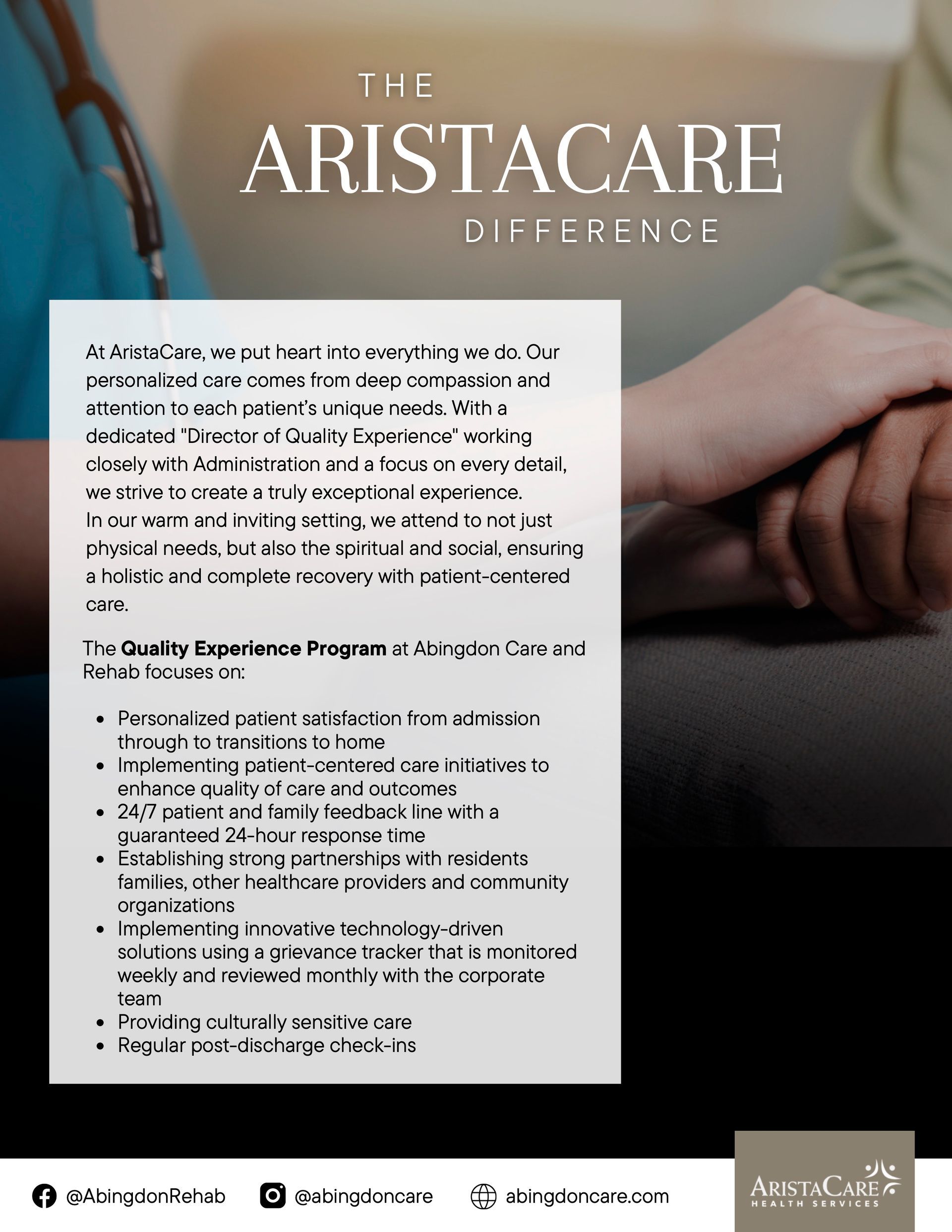 Promotional flyer for The Aristacare with a hand-holding photo and text details over a brown background