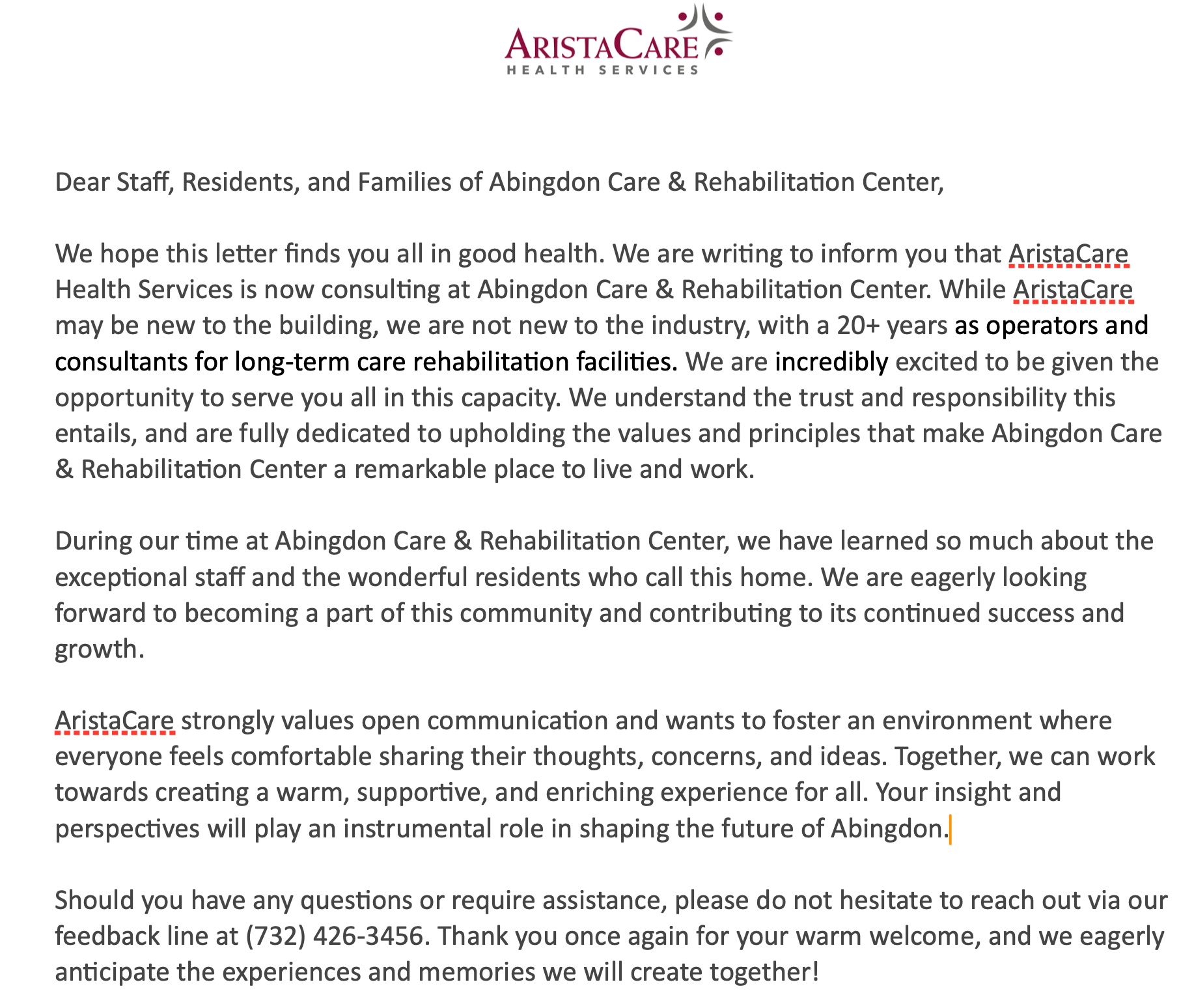 AristaCare letter announcing an upcoming holiday event for families and residents.