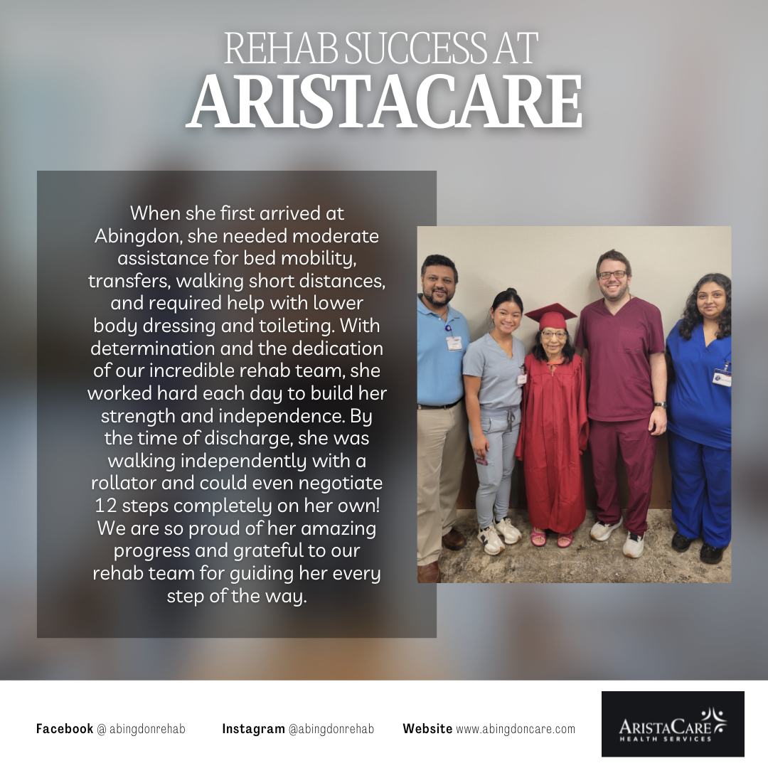 Rehab success at Aristacare poster with staff photo and patient testimonial text