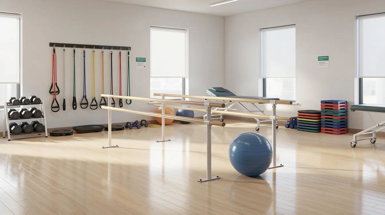 The image depicts a clean therapy gym within a skilled nursing facility, featuring parallel bars, various exercise equipment, and a therapy ball, all designed to support patients in their recovery and rehabilitation process. This environment promotes healing and is equipped for physical therapy services aimed at helping older adults regain strength and independence.