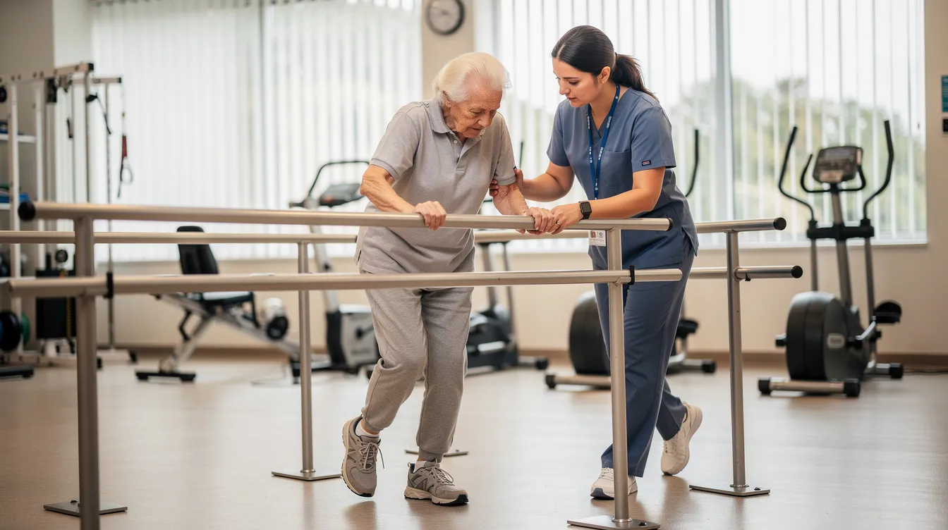An elderly person is using parallel bars for rehabilitation in a physical therapy gym, while a therapist provides guidance and support. This scene reflects the importance of skilled nursing care and rehabilitation services in helping older adults maintain their independence and recover from health challenges.